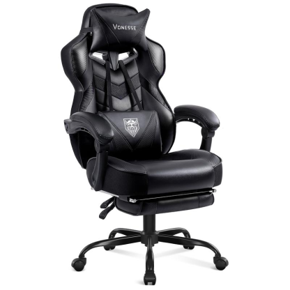 Silla gaming con reposapiés y función reclinable — Silla de ordenador para adultos con masaje — Cojín lumbar ajustable — Silla de oficina y gaming ergonómica, de gran tamaño y altura, para usuarios de complexión robusta — Modelo V3028A