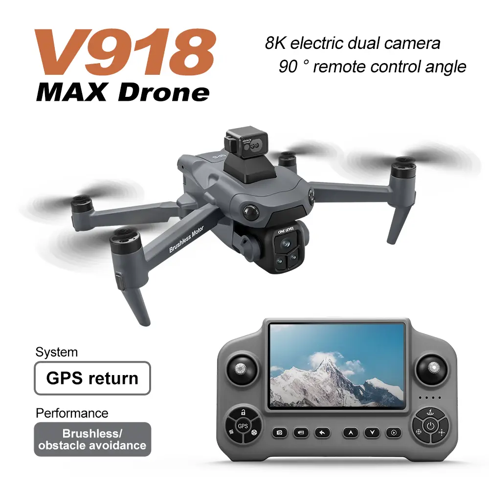 Drone GPS V918MAX con alcance de vuelo de 3 km, altitud de 300 m, evitación de obstáculos de 360 ​​grados, flujo óptico, vuelo estacionario, pantalla de gran tamaño, retorno con un solo toque