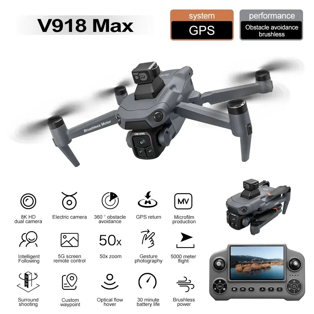 Drone GPS V918MAX con alcance de vuelo de 3 km, altitud de 300 m, evitación de obstáculos de 360 ​​grados, flujo óptico, vuelo estacionario, pantalla de gran tamaño, retorno con un solo toque