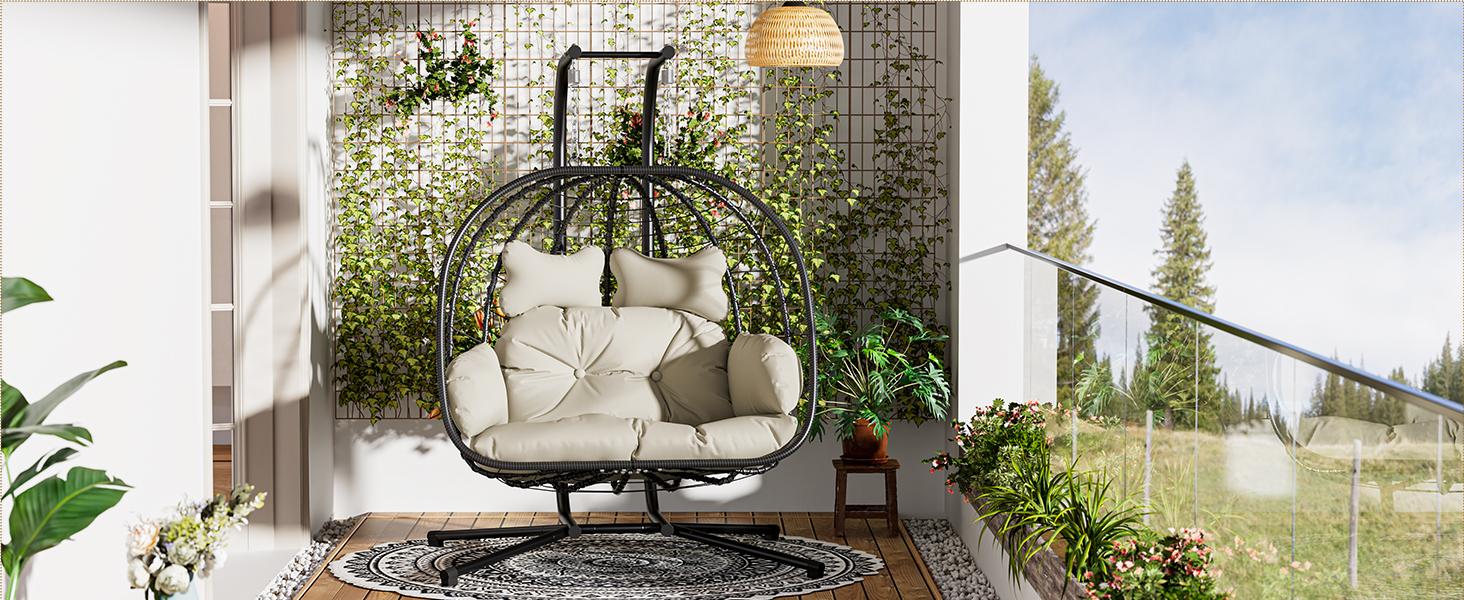 RIWENGO Double Hanging Egg Chair with Cushion, 700lbs Capacity - Foldable Patio Chair with Handwoven PE Wicker & Rust-Proof Frame, for Garden, Porch, Backyard Soft Lounge Swing