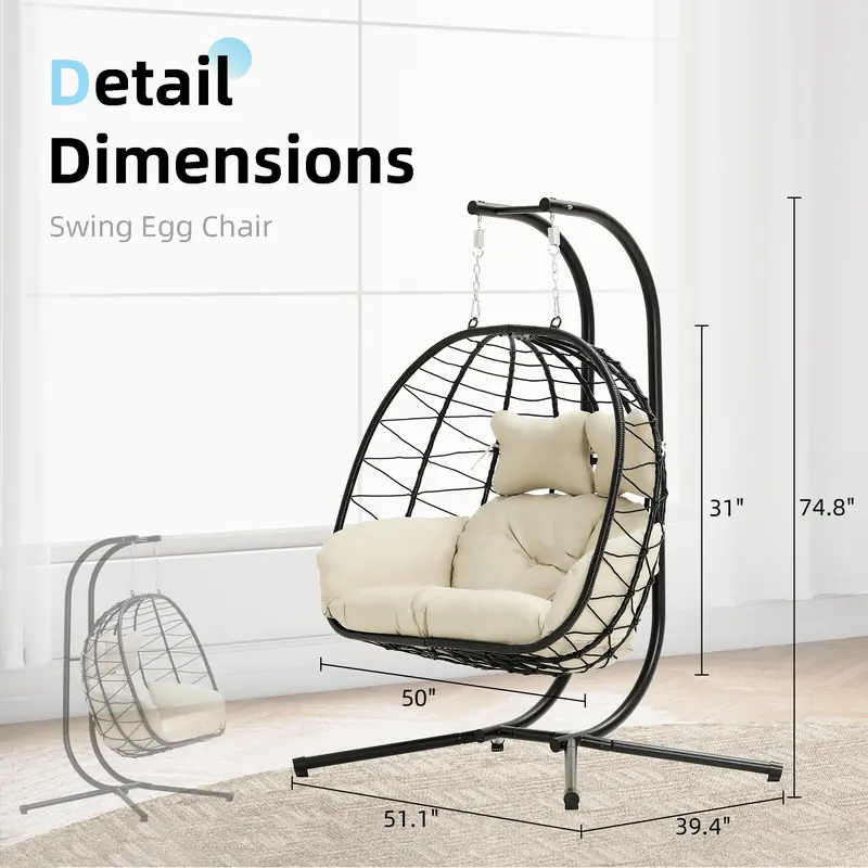RIWENGO Silla Colgante Doble tipo Huevo con Cojín, Capacidad de 700 lbs — Silla Plegable para Patio con Mimbre de PE Tejido a Mano y Estructura Antioxidante; Columpio de Descanso Suave para Jardín, Porche o Patio Trasero
