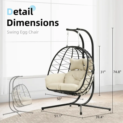 RIWENGO Silla Colgante Doble tipo Huevo con Cojín, Capacidad de 700 lbs — Silla Plegable para Patio con Mimbre de PE Tejido a Mano y Estructura Antioxidante; Columpio de Descanso Suave para Jardín, Porche o Patio Trasero