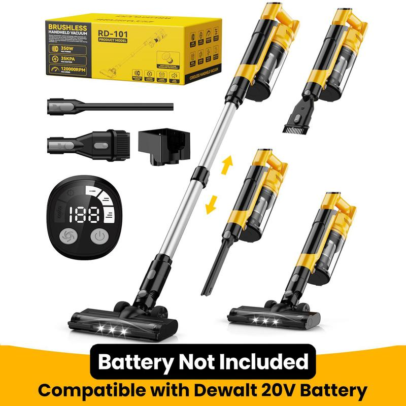 Aspiradora inalámbrica de 350 W (compatible con baterías Dewalt 20V, Milwaukee M18 y Makita 18V), aspiradora de escoba ligera sin escobillas de 35 kPa con 3 modos de succión; modelo 6 en 1 con filtro HEPA, ideal para suelos, alfombras y automóviles.