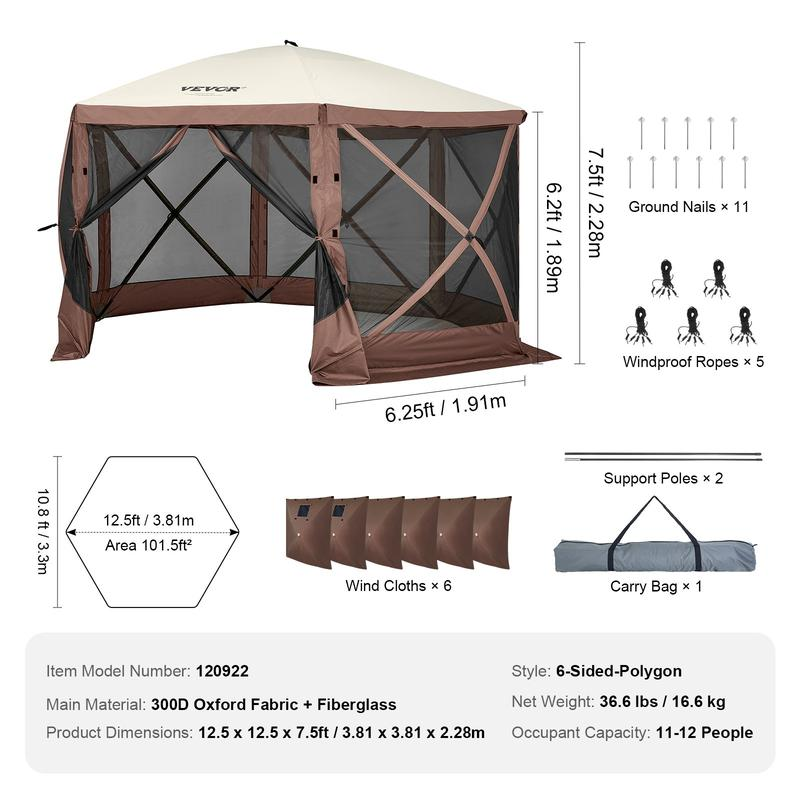 Carpa Gazebo con Mosquiteros para Camping VEVOR, 12 x 12 pies, Refugio Plegable de 6 Lados con Ventanas de Malla, Incluye Bolsa de Transporte y Estacas; Amplia Carpa de Sombra para Camping al Aire Libre, Jardín y Patio Trasero — Marrón/Beige