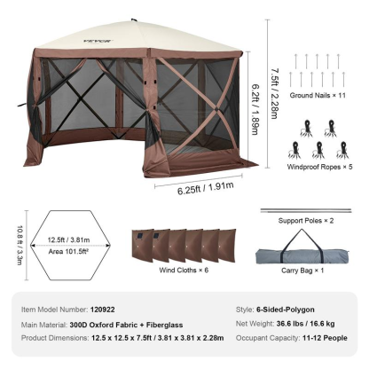 Carpa Gazebo con Mosquiteros para Camping VEVOR, 12 x 12 pies, Refugio Plegable de 6 Lados con Ventanas de Malla, Incluye Bolsa de Transporte y Estacas; Amplia Carpa de Sombra para Camping al Aire Libre, Jardín y Patio Trasero — Marrón/Beige