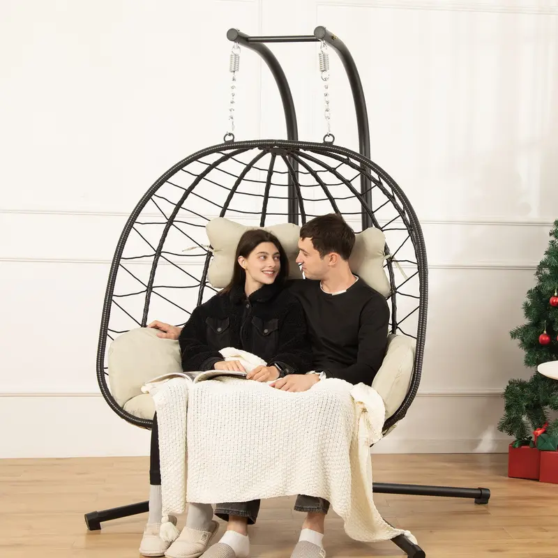 RIWENGO Silla Colgante Doble tipo Huevo con Cojín, Capacidad de 700 lbs — Silla Plegable para Patio con Mimbre de PE Tejido a Mano y Estructura Antioxidante; Columpio de Descanso Suave para Jardín, Porche o Patio Trasero