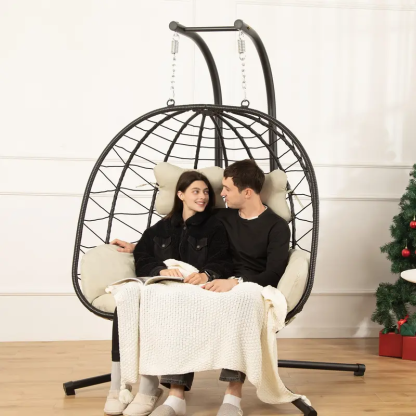 RIWENGO Silla Colgante Doble tipo Huevo con Cojín, Capacidad de 700 lbs — Silla Plegable para Patio con Mimbre de PE Tejido a Mano y Estructura Antioxidante; Columpio de Descanso Suave para Jardín, Porche o Patio Trasero