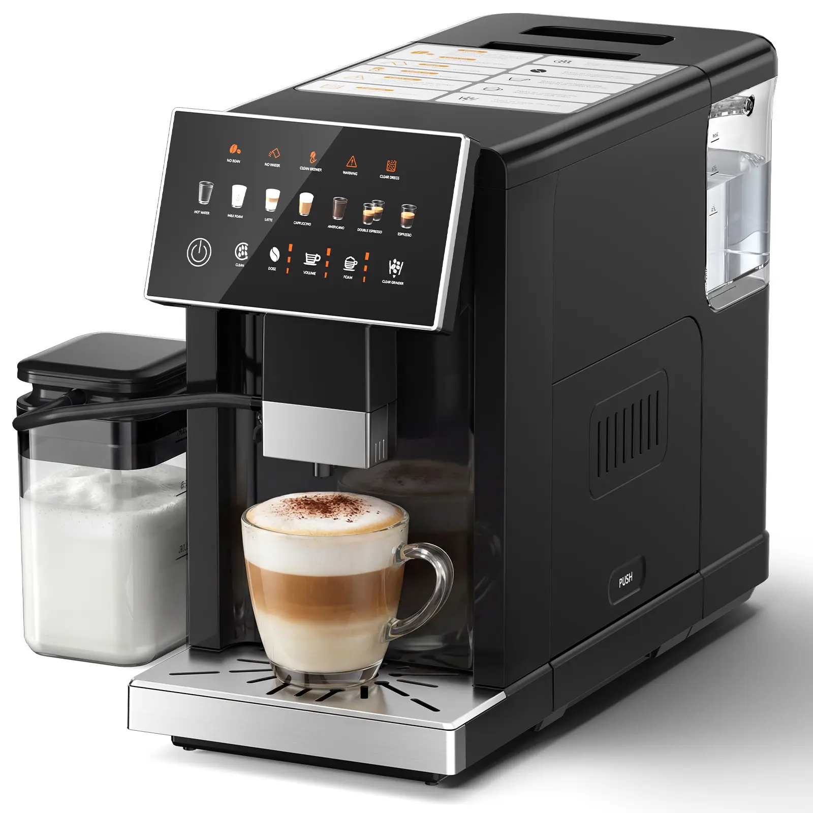 Cafetera con pantalla táctil y espumador de leche automático, cafetera espresso inteligente «todo en uno» para Cappuccino y Latte, con molinillo cónico integrado y recordatorio inteligente, unidad de preparación y depósito de agua extraíbles.