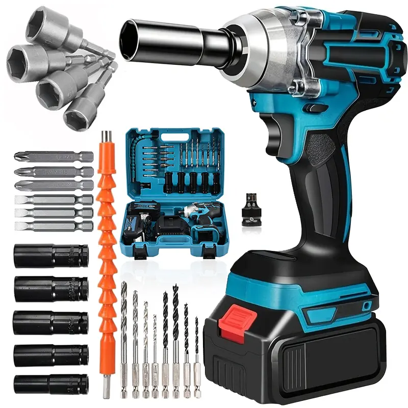 Llave de impacto eléctrica inalámbrica de 1/2 pulgada — Herramienta eléctrica 3 en 1 de alto par, incluye 2 baterías de iones de litio de 3000 mAh, 5 vasos de impacto, 8 brocas, 10 puntas de destornillador y maletín de transporte; herramientas de impacto 