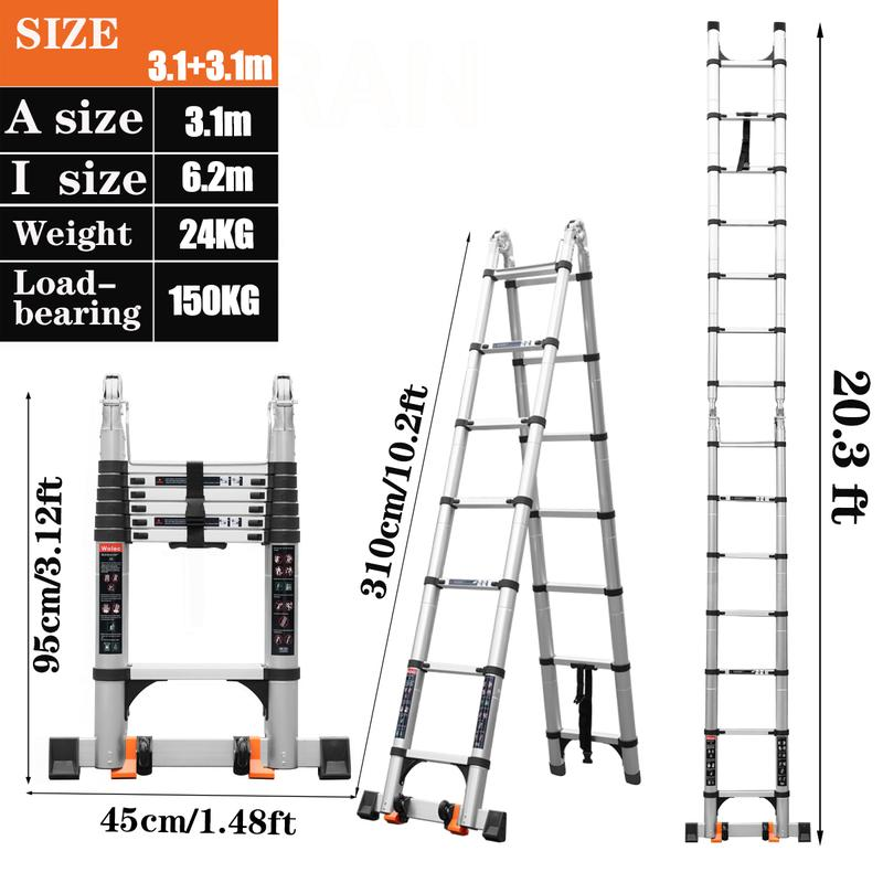 Escalera telescópica tipo tijera de 16.5 pies, escalera extensible y plegable portátil, escalera telescópica compacta y multiusos para trabajos al aire libre, capacidad máxima de 330 libras.