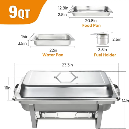 Juego de 4 Calentadores de Comida (Chafing Dishes) de 9 Cuartos para Buffet — Sets Rectangulares de Acero Inoxidable con Tapas, Bandejas para Alimentos, Bandeja de Agua y Soportes para Combustible — Ideal para Restaurantes, Catering, Fiestas y Bodas