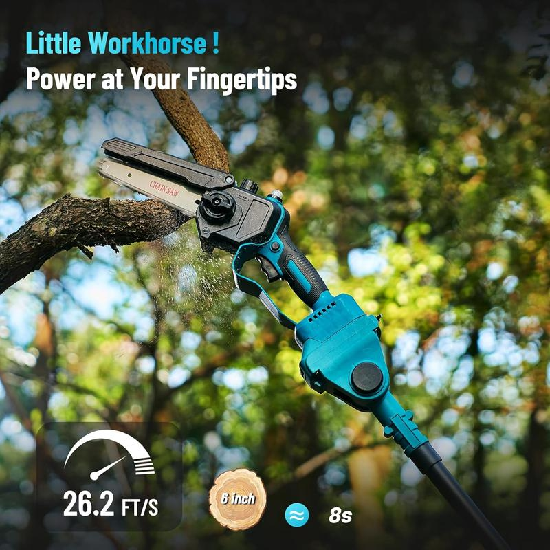 Kit combinado inalámbrico 6 en 1: Sierra de pértiga, cortasetos de pértiga y tijeras para césped; minisierras eléctricas con 2 baterías de 4.0 Ah, podadora de árboles con extensión, recortadora de arbustos y cortador de ramas, alcance extendido de 16 pies