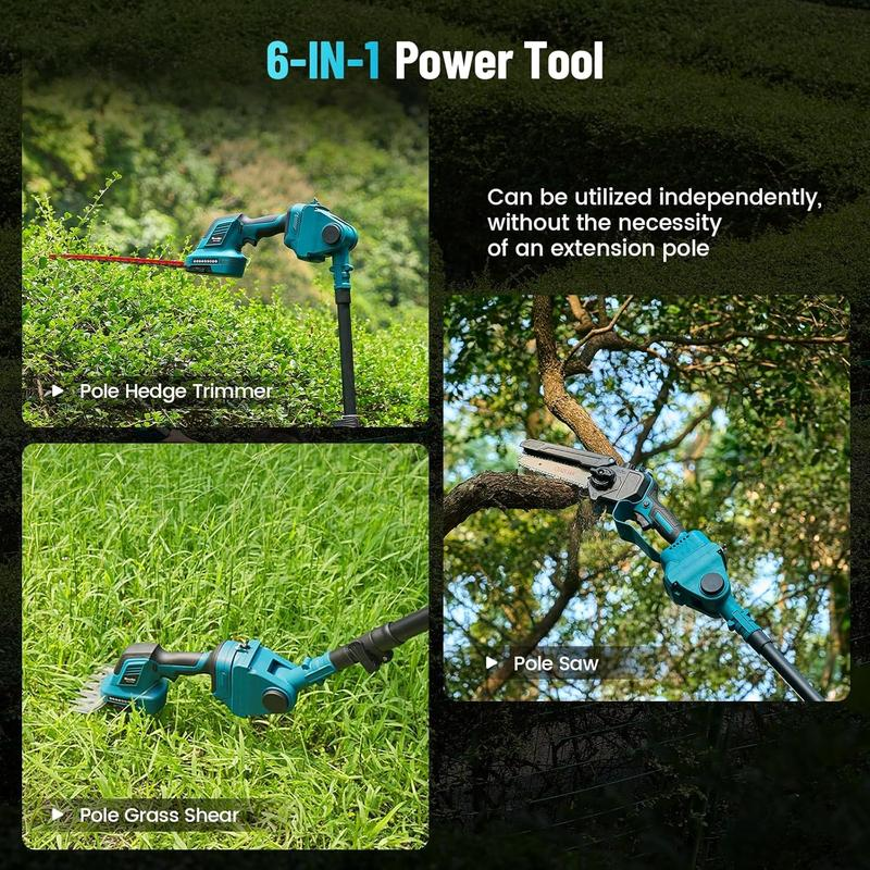 Kit combinado inalámbrico 6 en 1: Sierra de pértiga, cortasetos de pértiga y tijeras para césped; minisierras eléctricas con 2 baterías de 4.0 Ah, podadora de árboles con extensión, recortadora de arbustos y cortador de ramas, alcance extendido de 16 pies