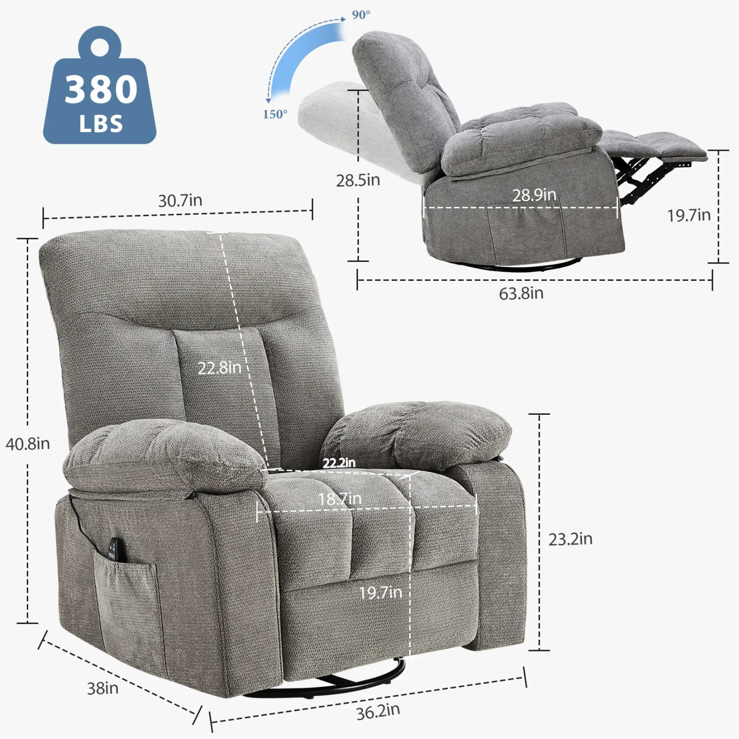 Sillón reclinable y mecedor, reclinable giratorio con masaje vibratorio y calefacción lumbar; sillón de tela de chenilla con rotación de 270° y reposapiés, ideal para sala de estar y dormitorio.
