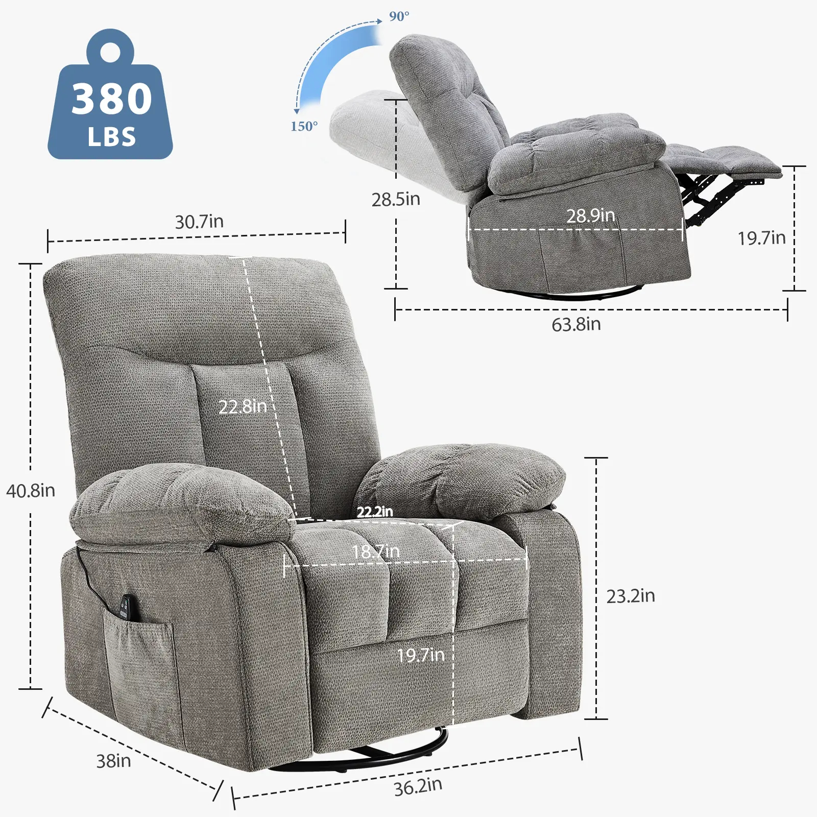 Sillón reclinable y mecedor, reclinable giratorio con masaje vibratorio y calefacción lumbar; sillón de tela de chenilla con rotación de 270° y reposapiés, ideal para sala de estar y dormitorio.
