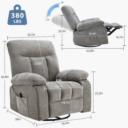 Sillón reclinable y mecedor, reclinable giratorio con masaje vibratorio y calefacción lumbar; sillón de tela de chenilla con rotación de 270° y reposapiés, ideal para sala de estar y dormitorio.