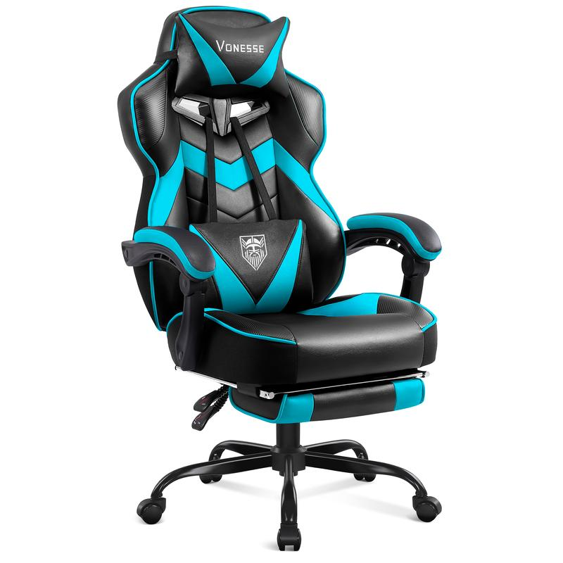 Silla gaming con reposapiés y función reclinable — Silla de ordenador para adultos con masaje — Cojín lumbar ajustable — Silla de oficina y gaming ergonómica, de gran tamaño y altura, para usuarios de complexión robusta — Modelo V3028A