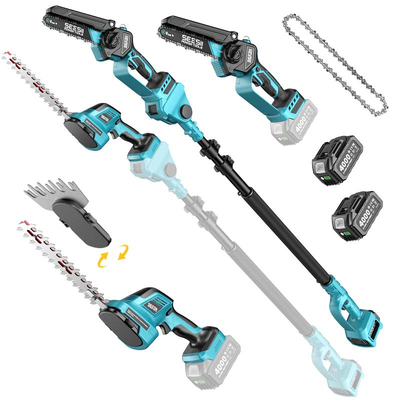 Kit combinado inalámbrico 6 en 1: Sierra de pértiga, cortasetos de pértiga y tijeras para césped; minisierras eléctricas con 2 baterías de 4.0 Ah, podadora de árboles con extensión, recortadora de arbustos y cortador de ramas, alcance extendido de 16 pies