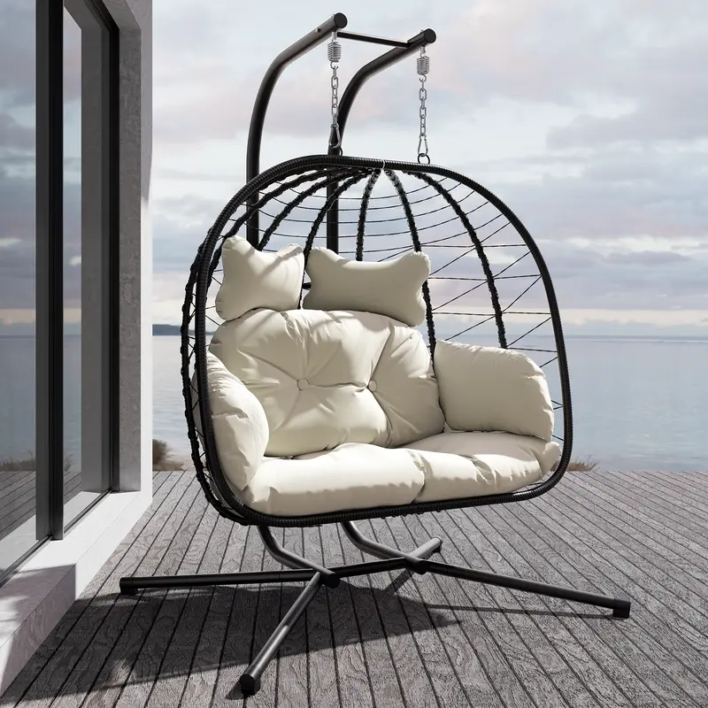 RIWENGO Silla Colgante Doble tipo Huevo con Cojín, Capacidad de 700 lbs — Silla Plegable para Patio con Mimbre de PE Tejido a Mano y Estructura Antioxidante; Columpio de Descanso Suave para Jardín, Porche o Patio Trasero