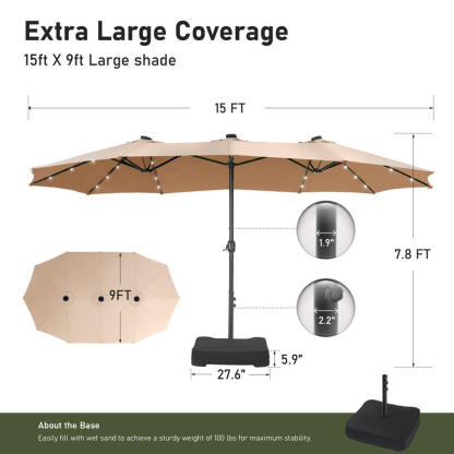 [Luz LED] Phivilla Home Sombrilla grande para patio exterior de 15 pies con base – Opción de luz LED, doble cara, manivela, impermeable