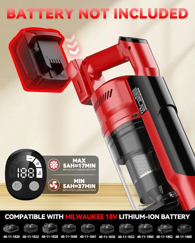 Aspiradora inalámbrica de 350 W (compatible con baterías Dewalt 20V, Milwaukee M18 y Makita 18V), aspiradora de escoba ligera sin escobillas de 35 kPa con 3 modos de succión; modelo 6 en 1 con filtro HEPA, ideal para suelos, alfombras y automóviles.
