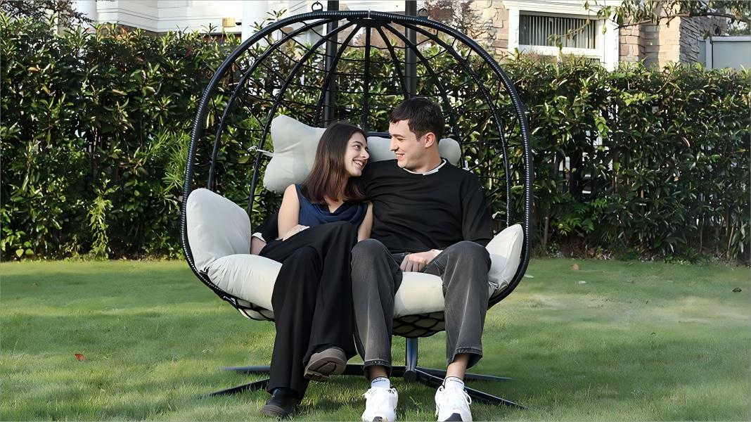 RIWENGO Double Hanging Egg Chair with Cushion, 700lbs Capacity - Foldable Patio Chair with Handwoven PE Wicker & Rust-Proof Frame, for Garden, Porch, Backyard Soft Lounge Swing