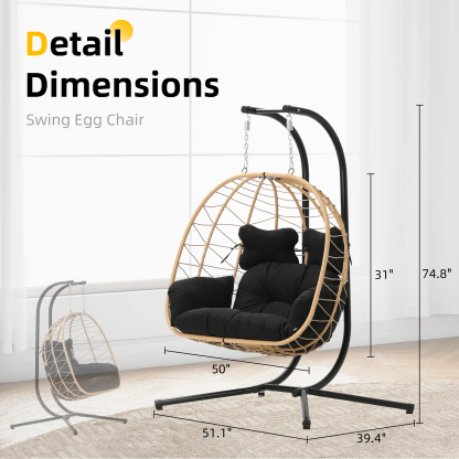 RIWENGO Silla Colgante Doble tipo Huevo con Cojín, Capacidad de 700 lbs — Silla Plegable para Patio con Mimbre de PE Tejido a Mano y Estructura Antioxidante; Columpio de Descanso Suave para Jardín, Porche o Patio Trasero
