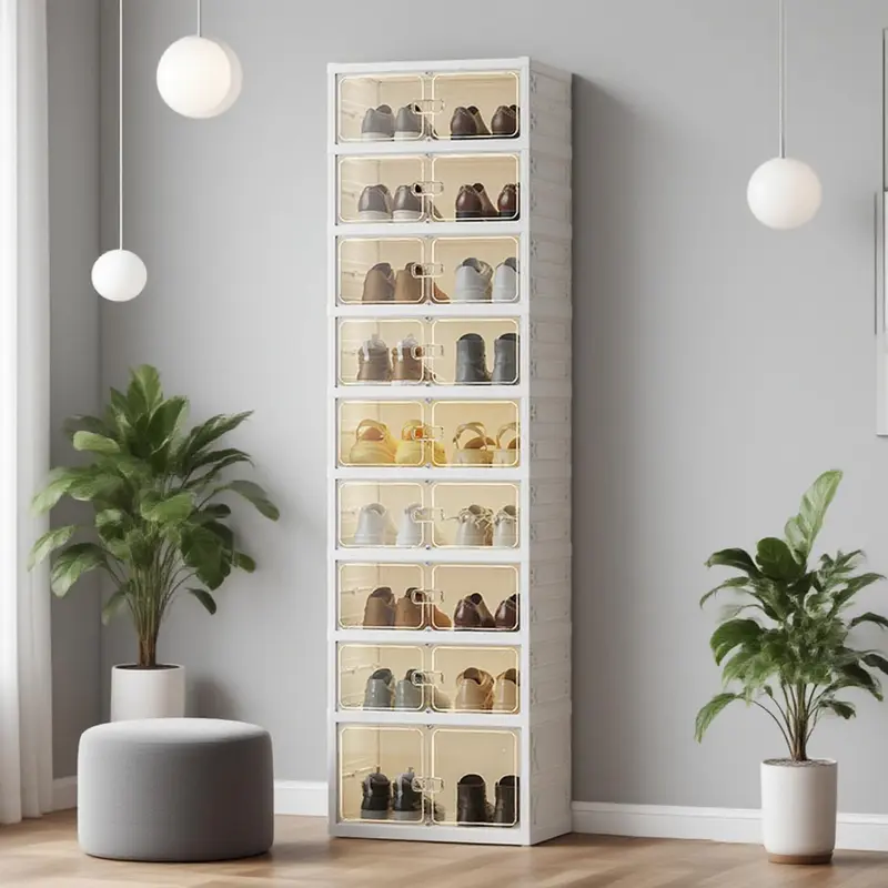 Zapatero plegable con puertas transparentes magnéticas, de 9 niveles; tiene capacidad para 18 pares de zapatos. De diseño sencillo y gran capacidad, es un zapatero de plástico robusto y apilable que ahorra espacio, no requiere instalación y resulta sumame