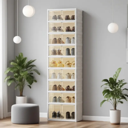 Zapatero plegable con puertas transparentes magnéticas, de 9 niveles; tiene capacidad para 18 pares de zapatos. De diseño sencillo y gran capacidad, es un zapatero de plástico robusto y apilable que ahorra espacio, no requiere instalación y resulta sumame