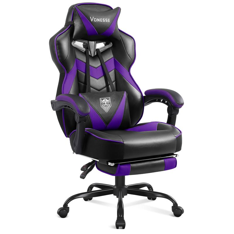 Silla gaming con reposapiés y función reclinable — Silla de ordenador para adultos con masaje — Cojín lumbar ajustable — Silla de oficina y gaming ergonómica, de gran tamaño y altura, para usuarios de complexión robusta — Modelo V3028A
