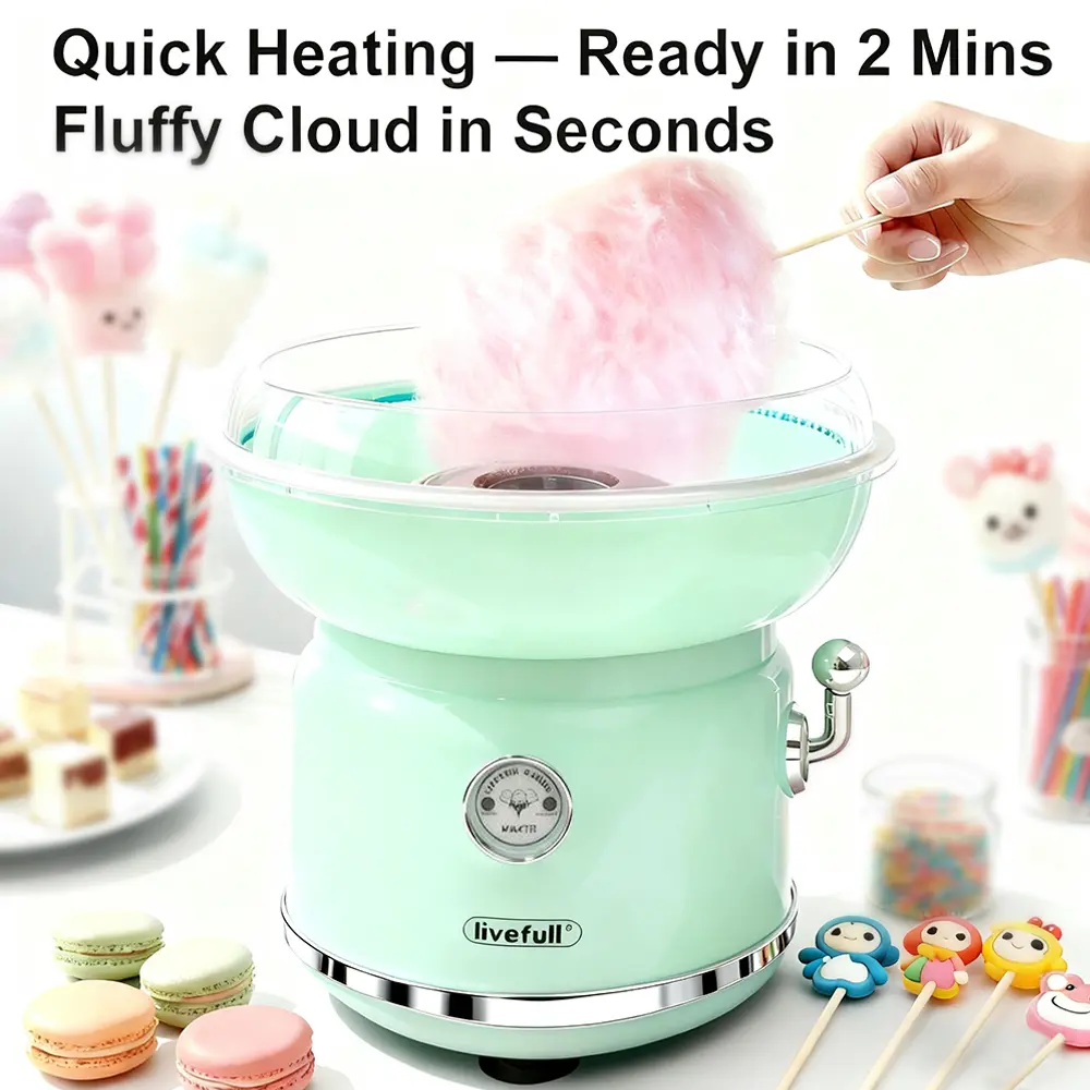 Máquina de algodón de azúcar LIVEFULL – Para uso doméstico, incluye 6 sabores y 6 palitos; ideal para la diversión de los niños, fiestas familiares, entretenimiento en la cocina y como regalo de Navidad. Modelo con enchufe tipo EE. UU., rápida y fácil de 