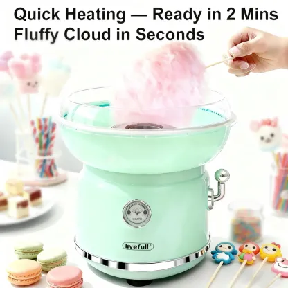 Máquina de algodón de azúcar LIVEFULL – Para uso doméstico, incluye 6 sabores y 6 palitos; ideal para la diversión de los niños, fiestas familiares, entretenimiento en la cocina y como regalo de Navidad. Modelo con enchufe tipo EE. UU., rápida y fácil de 
