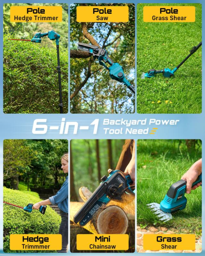 Kit combinado inalámbrico 6 en 1: Sierra de pértiga, cortasetos de pértiga y tijeras para césped; minisierras eléctricas con 2 baterías de 4.0 Ah, podadora de árboles con extensión, recortadora de arbustos y cortador de ramas, alcance extendido de 16 pies