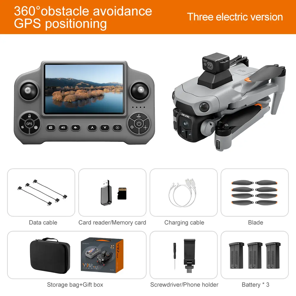Drone GPS V918MAX con alcance de vuelo de 3 km, altitud de 300 m, evitación de obstáculos de 360 ​​grados, flujo óptico, vuelo estacionario, pantalla de gran tamaño, retorno con un solo toque