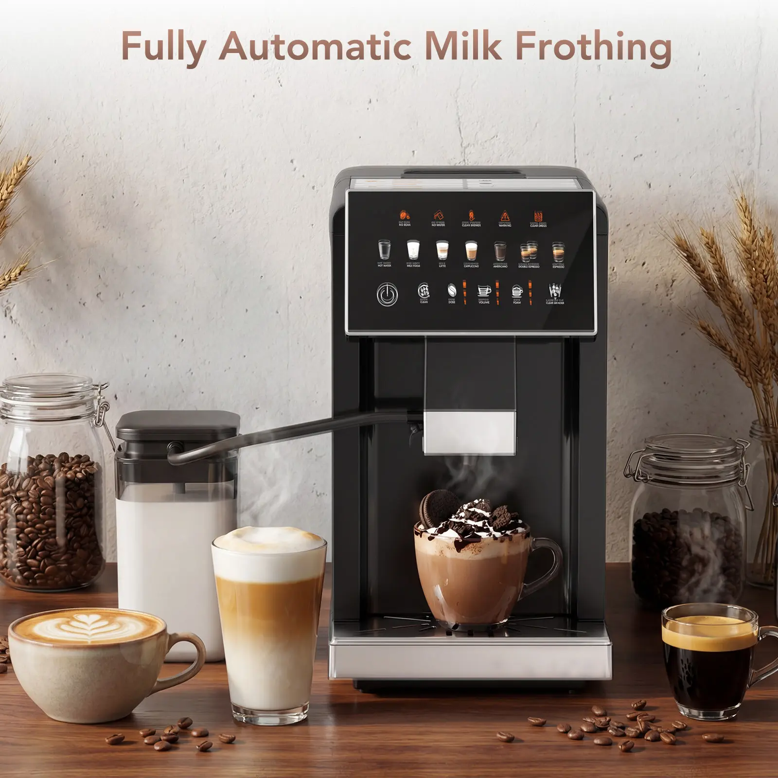Cafetera con pantalla táctil y espumador de leche automático, cafetera espresso inteligente «todo en uno» para Cappuccino y Latte, con molinillo cónico integrado y recordatorio inteligente, unidad de preparación y depósito de agua extraíbles.