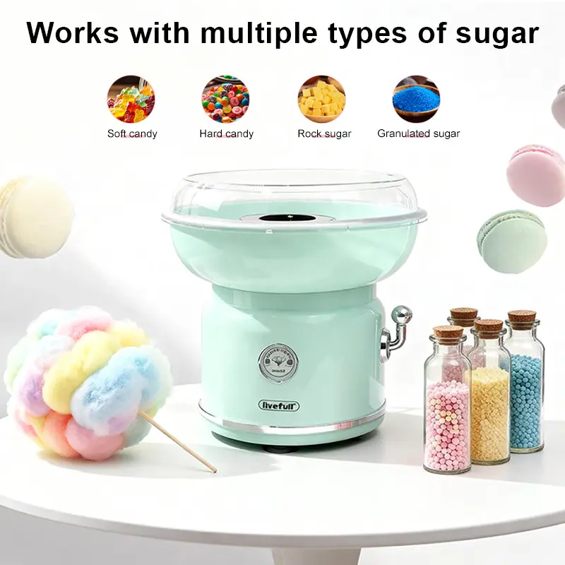 Máquina de algodón de azúcar LIVEFULL – Para uso doméstico, incluye 6 sabores y 6 palitos; ideal para la diversión de los niños, fiestas familiares, entretenimiento en la cocina y como regalo de Navidad. Modelo con enchufe tipo EE. UU., rápida y fácil de 