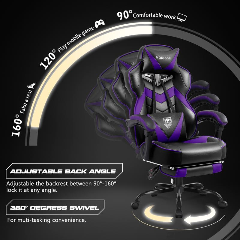 Silla gaming con reposapiés y función reclinable — Silla de ordenador para adultos con masaje — Cojín lumbar ajustable — Silla de oficina y gaming ergonómica, de gran tamaño y altura, para usuarios de complexión robusta — Modelo V3028A