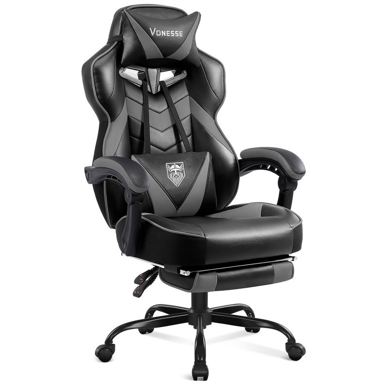 Silla gaming con reposapiés y función reclinable — Silla de ordenador para adultos con masaje — Cojín lumbar ajustable — Silla de oficina y gaming ergonómica, de gran tamaño y altura, para usuarios de complexión robusta — Modelo V3028A