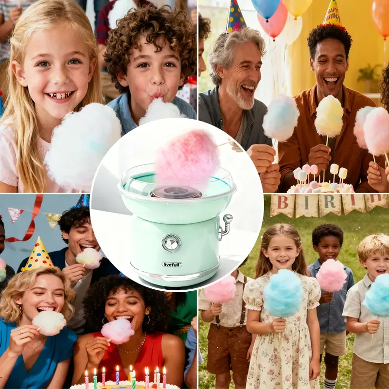 Máquina de algodón de azúcar LIVEFULL – Para uso doméstico, incluye 6 sabores y 6 palitos; ideal para la diversión de los niños, fiestas familiares, entretenimiento en la cocina y como regalo de Navidad. Modelo con enchufe tipo EE. UU., rápida y fácil de 