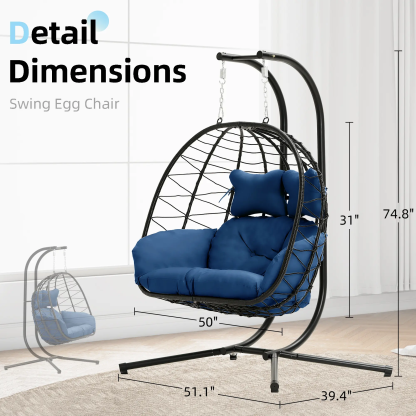 RIWENGO Silla Colgante Doble tipo Huevo con Cojín, Capacidad de 700 lbs — Silla Plegable para Patio con Mimbre de PE Tejido a Mano y Estructura Antioxidante; Columpio de Descanso Suave para Jardín, Porche o Patio Trasero