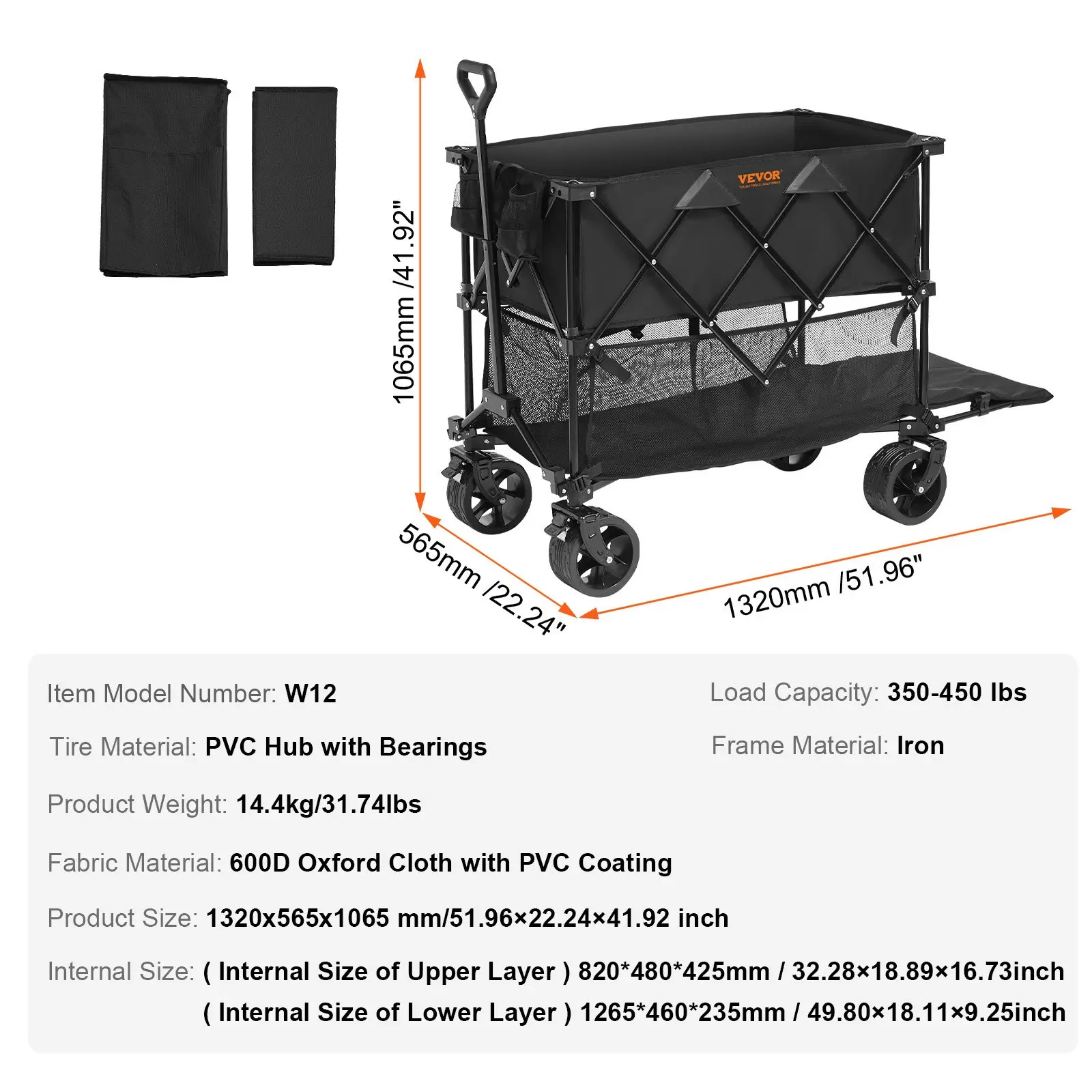 Carro plegable de doble nivel, carro de carga plegable con ruedas todoterreno, carro plegable de alta resistencia para camping, compras y jardinería, con extensor extra largo de 52 pulgadas.