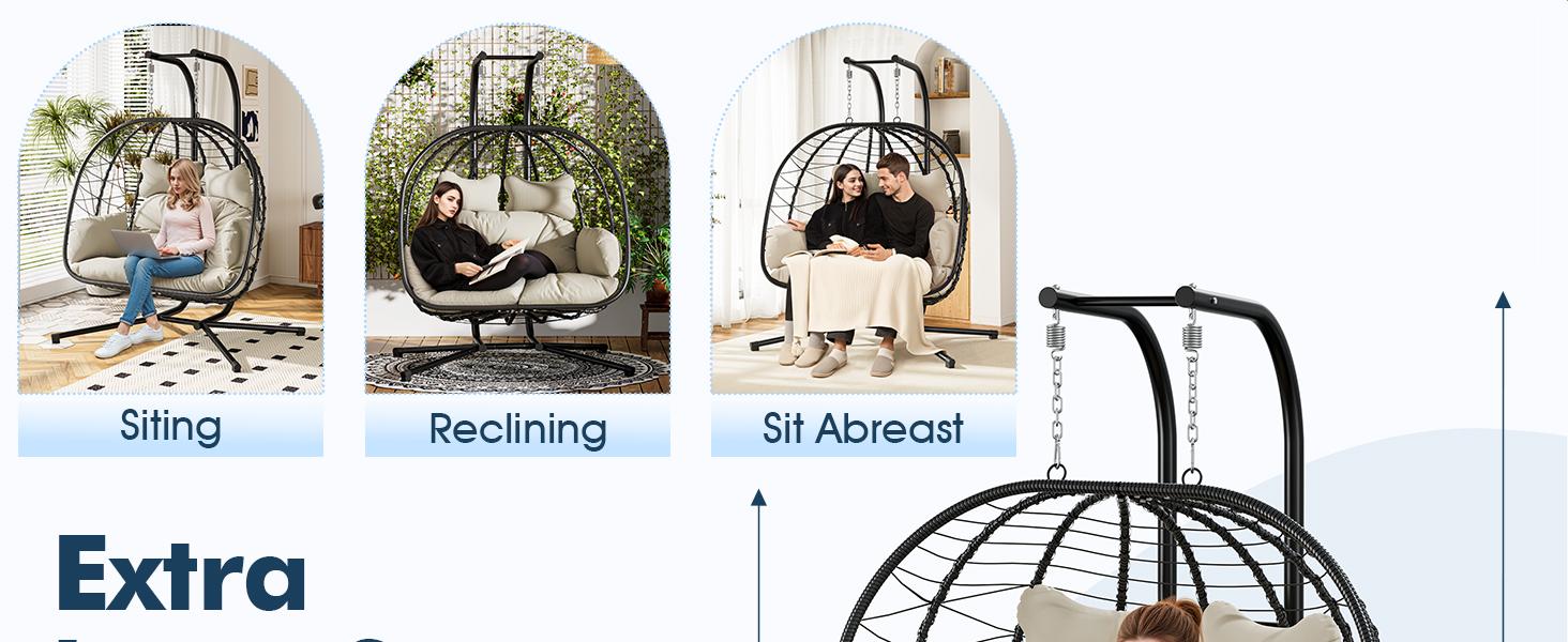 RIWENGO Double Hanging Egg Chair with Cushion, 700lbs Capacity - Foldable Patio Chair with Handwoven PE Wicker & Rust-Proof Frame, for Garden, Porch, Backyard Soft Lounge Swing