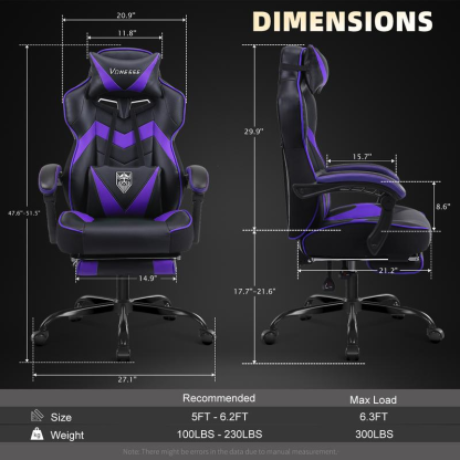 Silla gaming con reposapiés y función reclinable — Silla de ordenador para adultos con masaje — Cojín lumbar ajustable — Silla de oficina y gaming ergonómica, de gran tamaño y altura, para usuarios de complexión robusta — Modelo V3028A