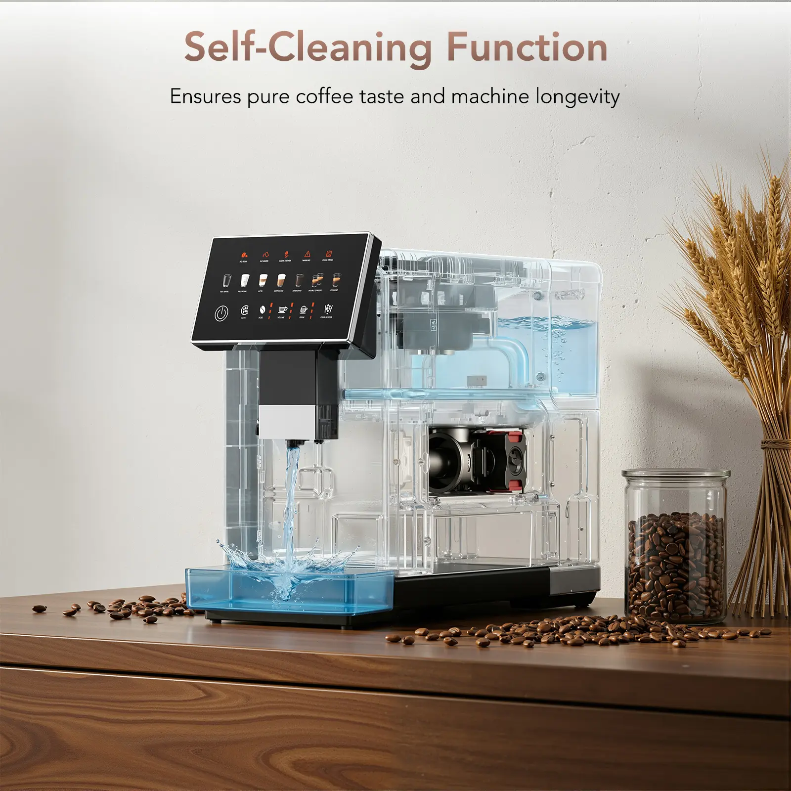Cafetera con pantalla táctil y espumador de leche automático, cafetera espresso inteligente «todo en uno» para Cappuccino y Latte, con molinillo cónico integrado y recordatorio inteligente, unidad de preparación y depósito de agua extraíbles.