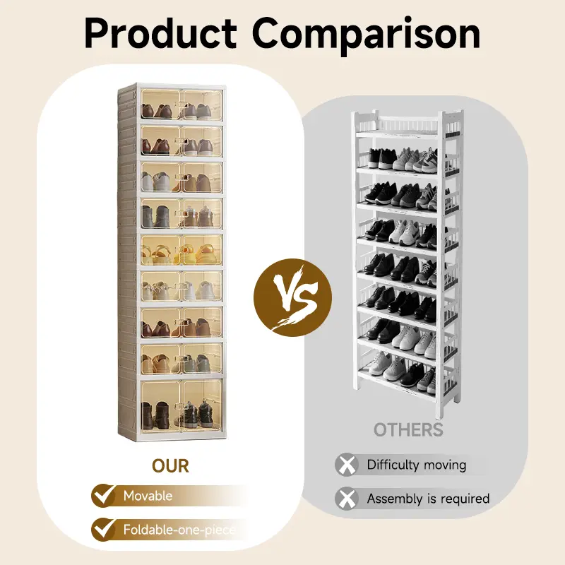 Zapatero plegable con puertas transparentes magnéticas, de 9 niveles; tiene capacidad para 18 pares de zapatos. De diseño sencillo y gran capacidad, es un zapatero de plástico robusto y apilable que ahorra espacio, no requiere instalación y resulta sumame
