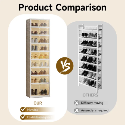 Zapatero plegable con puertas transparentes magnéticas, de 9 niveles; tiene capacidad para 18 pares de zapatos. De diseño sencillo y gran capacidad, es un zapatero de plástico robusto y apilable que ahorra espacio, no requiere instalación y resulta sumame