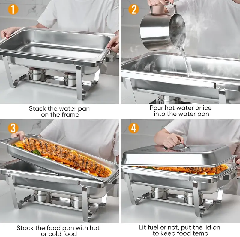 Juego de 4 Calentadores de Comida (Chafing Dishes) de 9 Cuartos para Buffet — Sets Rectangulares de Acero Inoxidable con Tapas, Bandejas para Alimentos, Bandeja de Agua y Soportes para Combustible — Ideal para Restaurantes, Catering, Fiestas y Bodas