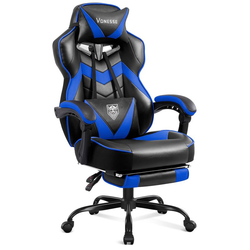 Silla gaming con reposapiés y función reclinable — Silla de ordenador para adultos con masaje — Cojín lumbar ajustable — Silla de oficina y gaming ergonómica, de gran tamaño y altura, para usuarios de complexión robusta — Modelo V3028A