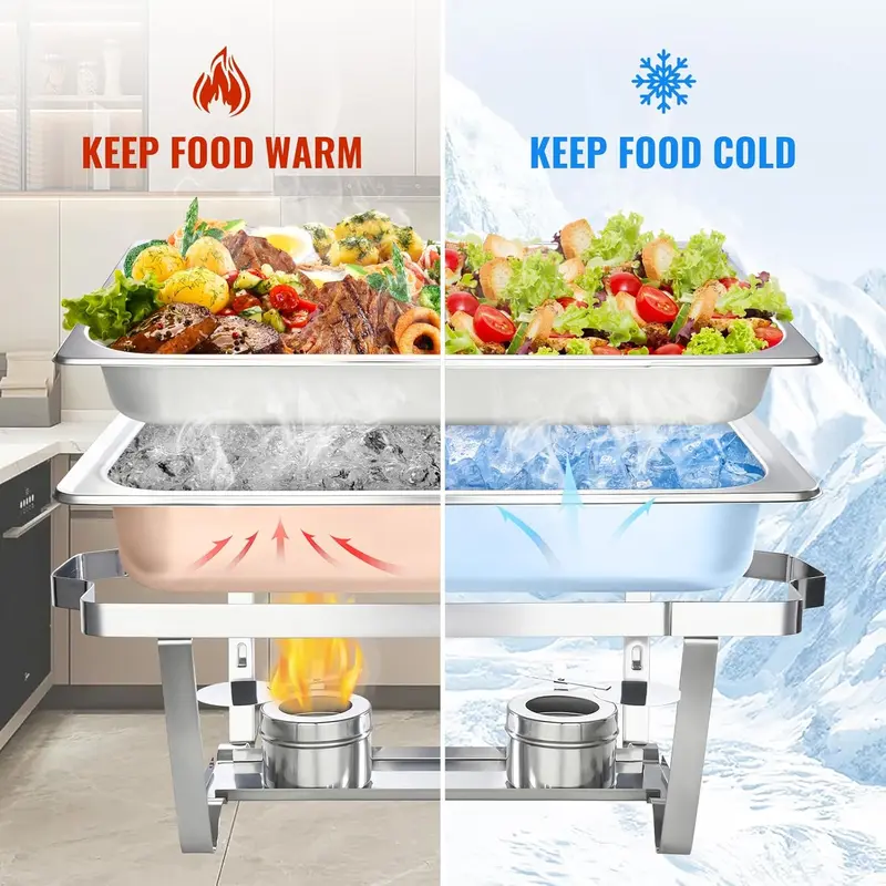 Juego de 4 Calentadores de Comida (Chafing Dishes) de 9 Cuartos para Buffet — Sets Rectangulares de Acero Inoxidable con Tapas, Bandejas para Alimentos, Bandeja de Agua y Soportes para Combustible — Ideal para Restaurantes, Catering, Fiestas y Bodas