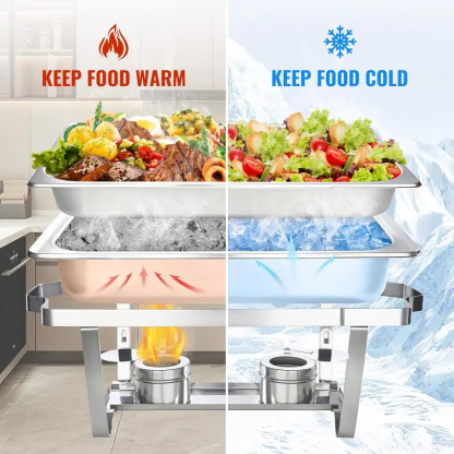 Juego de 4 Calentadores de Comida (Chafing Dishes) de 9 Cuartos para Buffet — Sets Rectangulares de Acero Inoxidable con Tapas, Bandejas para Alimentos, Bandeja de Agua y Soportes para Combustible — Ideal para Restaurantes, Catering, Fiestas y Bodas
